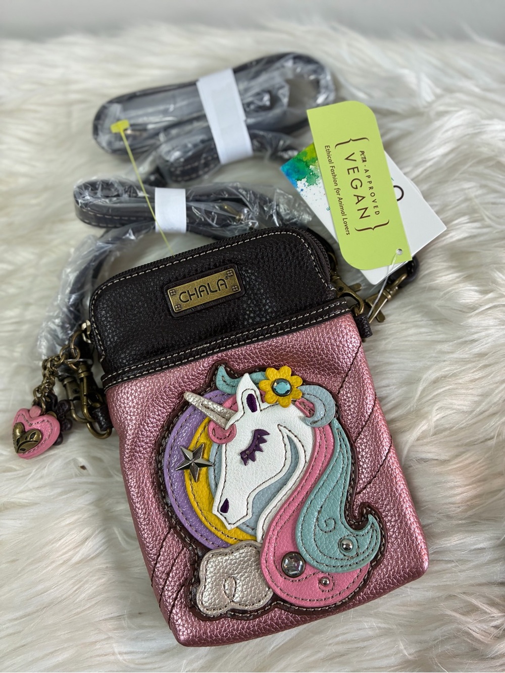 Chala Metallic Pink Unicorn Crossbody Card Wallet with Teal & Lavender Accents